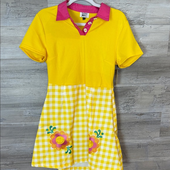 NWT Smak Parlour Yellow Gingham and Smiley Polo Mini Dress sz Large - Picture 1 of 8